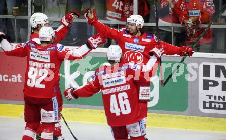EBEL. Eishockey Bundesliga. KAC gegen	spusu Vienna Capitals. Torjubel Dennis Sticha, Clemens Unterweger, Johannes Bischofberger (KAC). Klagenfurt, am 17.9.2021.
Foto: Kuess
www.qspictures.net

---
pressefotos, pressefotografie, kuess, qs, qspictures, sport, bild, bilder, bilddatenbank