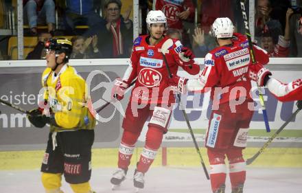 EBEL. Eishockey Bundesliga. KAC gegen	spusu Vienna Capitals. Torjubel Matthew Fraser, Lukas Haudum (KAC). Klagenfurt, am 17.9.2021.
Foto: Kuess
www.qspictures.net

---
pressefotos, pressefotografie, kuess, qs, qspictures, sport, bild, bilder, bilddatenbank