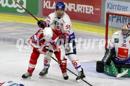 EBEL. Eishockey Bundesliga. KAC gegen	HC TIWAG Innsbruck. Daniel Obersteiner,  (KAC),  Joel Messner (Innsbruck). Klagenfurt, am 18.9.2021.
Foto: Kuess
www.qspictures.net

---
pressefotos, pressefotografie, kuess, qs, qspictures, sport, bild, bilder, bilddatenbank