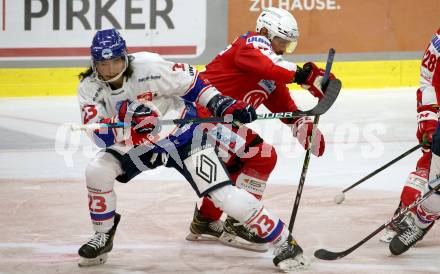 EBEL. Eishockey Bundesliga. KAC gegen	HC TIWAG Innsbruck.  Thomas Koch,  (KAC), Timothy McGauley  (Innsbruck). Klagenfurt, am 18.9.2021.
Foto: Kuess
www.qspictures.net

---
pressefotos, pressefotografie, kuess, qs, qspictures, sport, bild, bilder, bilddatenbank