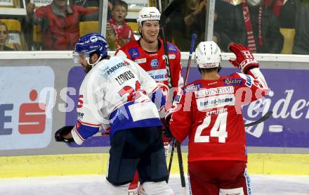 EBEL. Eishockey Bundesliga. KAC gegen	HC TIWAG Innsbruck. Torjubel Nicholas Eric Petersen, Steven Strong (KAC). Klagenfurt, am 18.9.2021.
Foto: Kuess
www.qspictures.net

---
pressefotos, pressefotografie, kuess, qs, qspictures, sport, bild, bilder, bilddatenbank