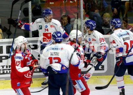 EBEL. Eishockey Bundesliga. KAC gegen	HC TIWAG Innsbruck.  Torjubel Nico Feldner, Joel Messner, Simon Bourque, Alex Dostie   (Innsbruck). Klagenfurt, am 18.9.2021.
Foto: Kuess
www.qspictures.net

---
pressefotos, pressefotografie, kuess, qs, qspictures, sport, bild, bilder, bilddatenbank