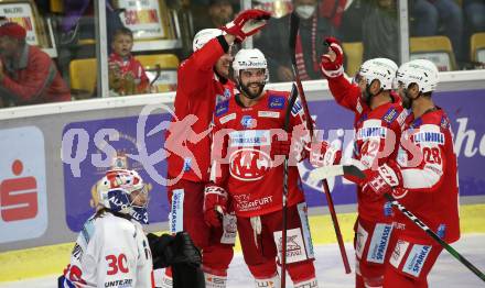 EBEL. Eishockey Bundesliga. KAC gegen	HC TIWAG Innsbruck. Torjubel Nicholas Eric Petersen, Steven Strong, Rok Ticar, Martin Schumnig (KAC). Klagenfurt, am 18.9.2021.
Foto: Kuess
www.qspictures.net

---
pressefotos, pressefotografie, kuess, qs, qspictures, sport, bild, bilder, bilddatenbank