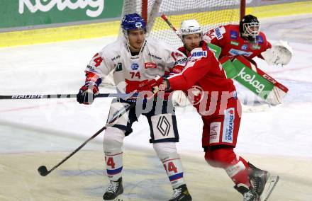 EBEL. Eishockey Bundesliga. KAC gegen	HC TIWAG Innsbruck. Phillip Bruggiser,  (KAC), Nico Feldner  (Innsbruck). Klagenfurt, am 18.9.2021.
Foto: Kuess
www.qspictures.net

---
pressefotos, pressefotografie, kuess, qs, qspictures, sport, bild, bilder, bilddatenbank