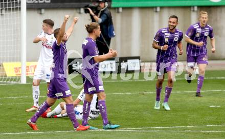 Fussball. Bundesliga. SK Austria Klagenfurt gegen  LASK.  Torjubel Turgay Gemicibasi, Patrick Greil, Markus Pink, Christopher Cvetko (Klagenfurt). Klagenfurt, am 19.9.2021.
Foto: Kuess
www.qspictures.net
---
pressefotos, pressefotografie, kuess, qs, qspictures, sport, bild, bilder, bilddatenbank