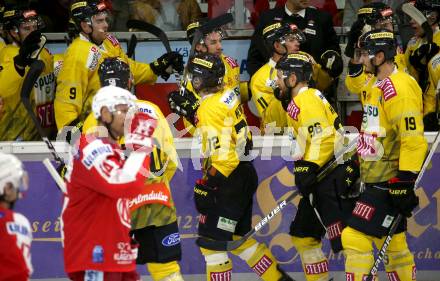 EBEL. Eishockey Bundesliga. KAC gegen	spusu Vienna Capitals. Torjubel Nicolai Meyer   (Vienna Capitals). Klagenfurt, am 1.10.2021.
Foto: Kuess
www.qspictures.net

---
pressefotos, pressefotografie, kuess, qs, qspictures, sport, bild, bilder, bilddatenbank