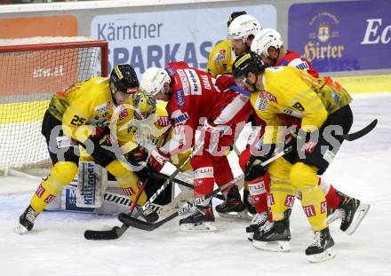 EBEL. Eishockey Bundesliga. KAC gegen	spusu Vienna Capitals. Manuel Ganahl,  (KAC), Anton Karlsson, Bernhard Starkbaum, Brody Sutter  (Vienna Capitals). Klagenfurt, am 1.10.2021.
Foto: Kuess
www.qspictures.net

---
pressefotos, pressefotografie, kuess, qs, qspictures, sport, bild, bilder, bilddatenbank