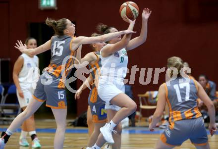 Basketball Damen Superliga 2021/2022. Grunddurchgang 1. Runde.  KOS Celovec Damen gegen BK Duchess Klosterneuburg. Elma Voljevica  (KOS),  Sarah Schicher (Klosterneuburg). Klagenfurt, am 2.10.2021.
Foto: Kuess
www.qspictures.net
---
pressefotos, pressefotografie, kuess, qs, qspictures, sport, bild, bilder, bilddatenbank