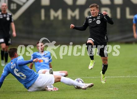 Fussball Testspiel. SK Austria Klagenfurt gegen NK Bravo (SLO).   Florian Rieder (Klagenfurt), Mitja Krizan (SLO). Sportpark Fischl. Klagenfurt, am 8.10.2021.
Foto: Kuess
---
pressefotos, pressefotografie, kuess, qs, qspictures, sport, bild, bilder, bilddatenbank