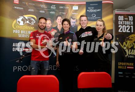 Billard. Pressekonferenz. Ouschan Albin, Kelly Fisher, Tyler Styer, Margarita Fefilova. Klagenfurt, 5.10.2021.
Foto: Kuess
---
pressefotos, pressefotografie, kuess, qs, qspictures, sport, bild, bilder, bilddatenbank