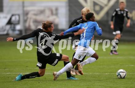 Fussball Testspiel. SK Austria Klagenfurt gegen NK Bravo (SLO).   Patrick Greil,  (Klagenfurt), Simon Nsana (SLO). Sportpark Fischl. Klagenfurt, am 8.10.2021.
Foto: Kuess
---
pressefotos, pressefotografie, kuess, qs, qspictures, sport, bild, bilder, bilddatenbank
