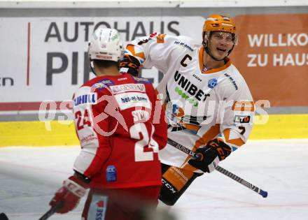 EBEL. Eishockey Bundesliga. KAC gegen	Black Wings Linz. Torjubel Brian Lebler  (Linz). Klagenfurt, am 8.10.2021.
Foto: Kuess
www.qspictures.net

---
pressefotos, pressefotografie, kuess, qs, qspictures, sport, bild, bilder, bilddatenbank