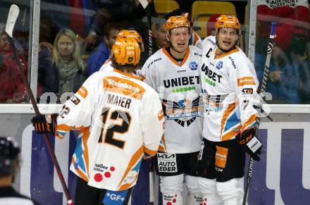 EBEL. Eishockey Bundesliga. KAC gegen	Black Wings Linz. Torjubel Ramon Schnetzer, Andris Dzerins, Brian Lebler, David Maier (Linz). Klagenfurt, am 8.10.2021.
Foto: Kuess
www.qspictures.net

---
pressefotos, pressefotografie, kuess, qs, qspictures, sport, bild, bilder, bilddatenbank