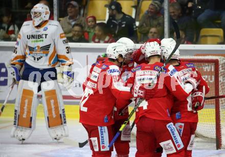 EBEL. Eishockey Bundesliga. KAC gegen	Black Wings Linz. Torjubel Manuel Ganahl, Clemens Unterweger, Nicholas Eric Petersen, Rok Ticar (KAC). Klagenfurt, am 8.10.2021.
Foto: Kuess
www.qspictures.net

---
pressefotos, pressefotografie, kuess, qs, qspictures, sport, bild, bilder, bilddatenbank