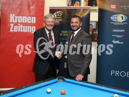 Billard. Pressekonferenz. Peter Kaiser, Karim Belhaj. Klagenfurt, 5.10.2021.
Foto: Kuess
---
pressefotos, pressefotografie, kuess, qs, qspictures, sport, bild, bilder, bilddatenbank