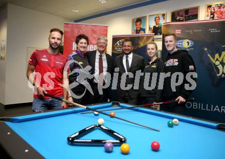 Billard. Pressekonferenz. Ouschan Albin, Kelly Fisher, Peter Kaiser, Karim Belhaj, Margarita Fefilova, Tyler Styer. Klagenfurt, 5.10.2021.
Foto: Kuess
---
pressefotos, pressefotografie, kuess, qs, qspictures, sport, bild, bilder, bilddatenbank