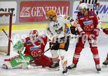 EBEL. Eishockey Bundesliga. KAC gegen	Black Wings Linz. Sebastian Dahm, Nicholas Eric Petersen,  (KAC), Alexander Lahoda  (Linz). Klagenfurt, am 8.10.2021.
Foto: Kuess
www.qspictures.net

---
pressefotos, pressefotografie, kuess, qs, qspictures, sport, bild, bilder, bilddatenbank