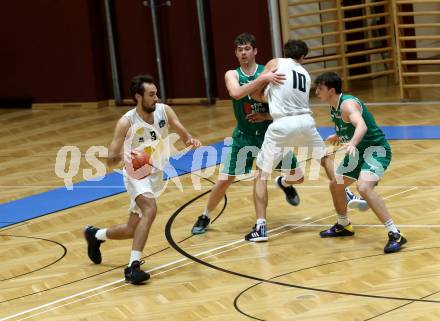 Basketball Zweite Liga 2021/2022. Grunddurchgang 1. Runde.  Woerthersee Piraten gegen Future Team Steiermark. Alen Repac, Simon Finzgar (Piraten),  Elias Podany , Maximilian Seher (Steiermark). Klagenfurt, am 10.10.2021.
Foto: Kuess
www.qspictures.net

---
pressefotos, pressefotografie, kuess, qs, qspictures, sport, bild, bilder, bilddatenbank