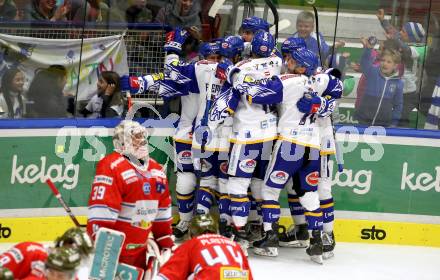 EBEL. Eishockey Bundesliga. VSV gegen HCB Suedtirol Alperia.  Torjubel Yannic Pilloni, Brett Flemming, Maximilian Rebernig, Philipp Lindner, Kevin Moderer, John Hughes (VSV). Villach, am 10.10.2021.
Foto: Kuess
www.qspictures.net
---
pressefotos, pressefotografie, kuess, qs, qspictures, sport, bild, bilder, bilddatenbank