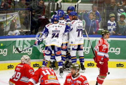 EBEL. Eishockey Bundesliga. VSV gegen HCB Suedtirol Alperia.  Torjubel Yannic Pilloni, Brett Flemming, Maximilian Rebernig, Philipp Lindner, Kevin Moderer (VSV). Villach, am 10.10.2021.
Foto: Kuess
www.qspictures.net
---
pressefotos, pressefotografie, kuess, qs, qspictures, sport, bild, bilder, bilddatenbank