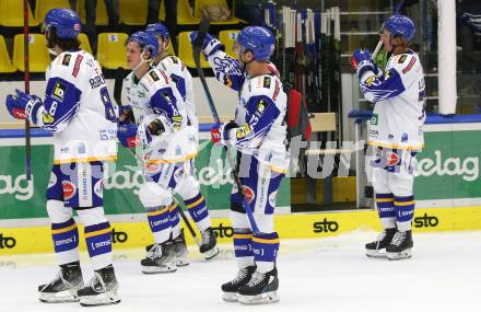 EBEL. Eishockey Bundesliga. VSV gegen HCB Suedtirol Alperia.  Jubel John Hughes (VSV). Villach, am 10.10.2021.
Foto: Kuess
www.qspictures.net
---
pressefotos, pressefotografie, kuess, qs, qspictures, sport, bild, bilder, bilddatenbank