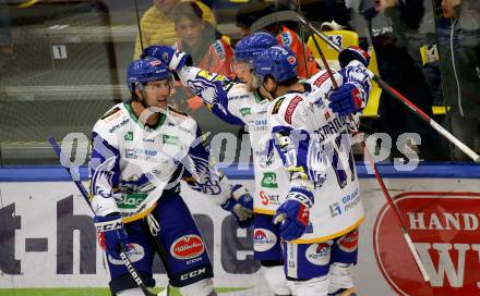 EBEL. Eishockey Bundesliga. VSV gegen Moser Medical Graz99ers. Torjubel  Joel Broda, Renars Krastenbergs, Scott Kosmachuk  (VSV). Villach, am 17.10.2021.
Foto: Kuess
www.qspictures.net
---
pressefotos, pressefotografie, kuess, qs, qspictures, sport, bild, bilder, bilddatenbank