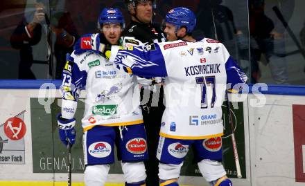 EBEL. Eishockey Bundesliga. VSV gegen Moser Medical Graz99ers. Torjubel Chris Collins, Scott Kosmachuk  (VSV). Villach, am 17.10.2021.
Foto: Kuess
www.qspictures.net
---
pressefotos, pressefotografie, kuess, qs, qspictures, sport, bild, bilder, bilddatenbank