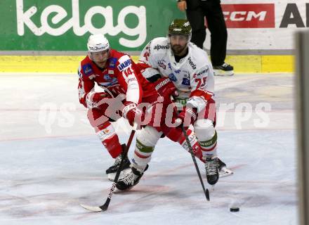 EBEL. Eishockey Bundesliga. KAC gegen	HCB Suedtirol Alperia. Paul Postma, (KAC),  Angelo Miceli  (Bozen). Klagenfurt, am 22.10.2021.
Foto: Kuess
www.qspictures.net

---
pressefotos, pressefotografie, kuess, qs, qspictures, sport, bild, bilder, bilddatenbank