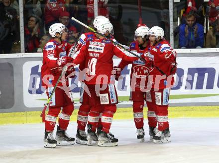 EBEL. Eishockey Bundesliga. KAC gegen	HCB Suedtirol Alperia. Torjubel Samuel Witting, Thomas Hundertpfund, Clemens Unterweger, Thomas Vallant, Johannes Bischofberger (KAC). Klagenfurt, am 22.10.2021.
Foto: Kuess
www.qspictures.net

---
pressefotos, pressefotografie, kuess, qs, qspictures, sport, bild, bilder, bilddatenbank