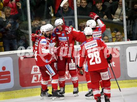 EBEL. Eishockey Bundesliga. KAC gegen	HCB Suedtirol Alperia. Torjubel Rok Ticar, Nicholas Petersen, Steven Strong, Manuel Ganahl, Martin Schumnig (KAC). Klagenfurt, am 22.10.2021.
Foto: Kuess
www.qspictures.net

---
pressefotos, pressefotografie, kuess, qs, qspictures, sport, bild, bilder, bilddatenbank