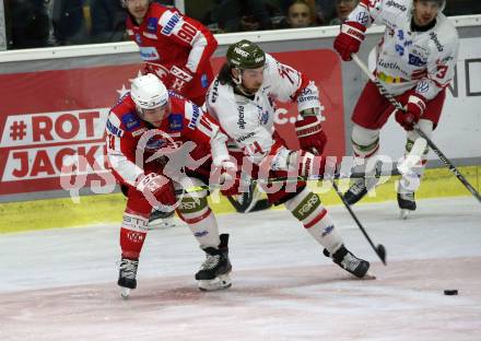 EBEL. Eishockey Bundesliga. KAC gegen	HCB Suedtirol Alperia. Lukas Haudum,  (KAC),  Dylan Di Perna (Bozen). Klagenfurt, am 22.10.2021.
Foto: Kuess
www.qspictures.net

---
pressefotos, pressefotografie, kuess, qs, qspictures, sport, bild, bilder, bilddatenbank