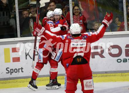 EBEL. Eishockey Bundesliga. KAC gegen	HCB Suedtirol Alperia. Torjubel Rok Ticar, Nicholas Petersen (KAC). Klagenfurt, am 22.10.2021.
Foto: Kuess
www.qspictures.net

---
pressefotos, pressefotografie, kuess, qs, qspictures, sport, bild, bilder, bilddatenbank