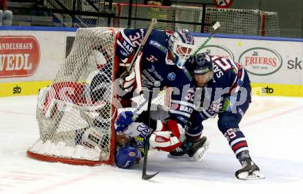 EBEL. Eishockey Bundesliga. VSV gegen Fehervar AV19. Joel Broda,   (VSV),  Rasmus Tirronen, Andrew Sarauer (Fehervar AV19). Villach, am 26.10.2021.
Foto: Kuess
www.qspictures.net
---
pressefotos, pressefotografie, kuess, qs, qspictures, sport, bild, bilder, bilddatenbank