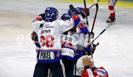 EBEL. Eishockey Bundesliga. KAC gegen	HC TWK Innsbruck. Torjubel Jan Lattner, Joel Messner, Nico Feldner, Alex Dostie  (Innsbruck). Klagenfurt, am 29.10.2021.
Foto: Kuess
www.qspictures.net

---
pressefotos, pressefotografie, kuess, qs, qspictures, sport, bild, bilder, bilddatenbank