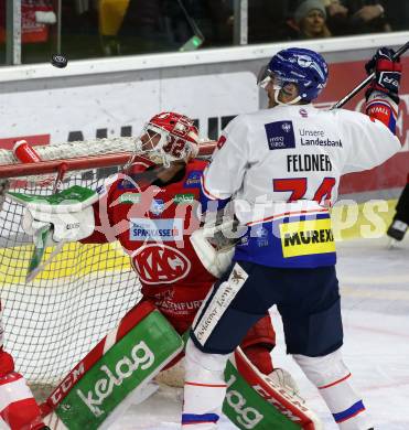 EBEL. Eishockey Bundesliga. KAC gegen	HC TWK Innsbruck. Sebastian Dahm, (KAC), Nico Feldner   (Innsbruck). Klagenfurt, am 29.10.2021.
Foto: Kuess
www.qspictures.net

---
pressefotos, pressefotografie, kuess, qs, qspictures, sport, bild, bilder, bilddatenbank