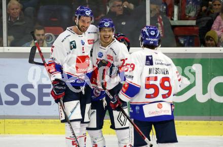 EBEL. Eishockey Bundesliga. KAC gegen	HC TWK Innsbruck. Torjubel Benjamin Betker, Timothy McGauley, Joel Messner   (Innsbruck). Klagenfurt, am 29.10.2021.
Foto: Kuess
www.qspictures.net

---
pressefotos, pressefotografie, kuess, qs, qspictures, sport, bild, bilder, bilddatenbank