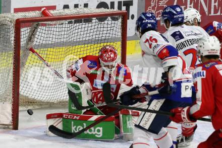 EBEL. Eishockey Bundesliga. KAC gegen	HC TWK Innsbruck. Sebastian Dahm,  (KAC),  Daniel Leavens (Innsbruck). Klagenfurt, am 29.10.2021.
Foto: Kuess
www.qspictures.net

---
pressefotos, pressefotografie, kuess, qs, qspictures, sport, bild, bilder, bilddatenbank