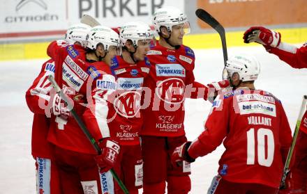 EBEL. Eishockey Bundesliga. KAC gegen Dornbirn Bulldogs. Torjubel Manuel Ganahl, Clemens Unterweger, Matthew Fraser, Kele Steffler, Thomas Vallant (KAC). Klagenfurt, am 5.11.2021.
Foto: Kuess
www.qspictures.net

---
pressefotos, pressefotografie, kuess, qs, qspictures, sport, bild, bilder, bilddatenbank