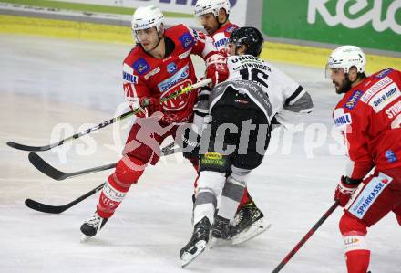 EBEL. Eishockey Bundesliga. KAC gegen Dornbirn Bulldogs. Vallant Thomas (KAC),  Schwinger Simeon (Dornbirn). Klagenfurt, am 5.11.2021.
Foto: Kuess
www.qspictures.net

---
pressefotos, pressefotografie, kuess, qs, qspictures, sport, bild, bilder, bilddatenbank