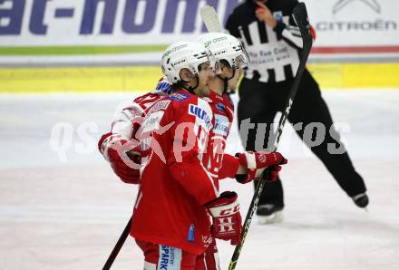 EBEL. Eishockey Bundesliga. KAC gegen Dornbirn Bulldogs. Torjubel Clemens Unterweger, Manuel Ganahl (KAC). Klagenfurt, am 5.11.2021.
Foto: Kuess
www.qspictures.net

---
pressefotos, pressefotografie, kuess, qs, qspictures, sport, bild, bilder, bilddatenbank