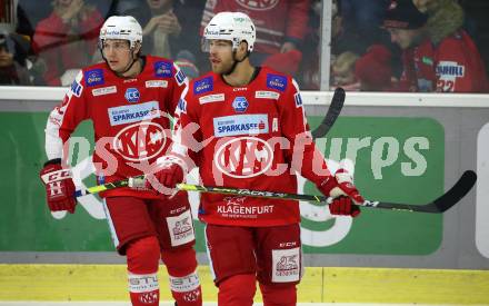 EBEL. Eishockey Bundesliga. KAC gegen  EC Red Bull Salzburg. Hundertpfund Thomas, Unterweger Clemens (KAC). Klagenfurt, am 7.11.2021.
Foto: Kuess
www.qspictures.net

---
pressefotos, pressefotografie, kuess, qs, qspictures, sport, bild, bilder, bilddatenbank