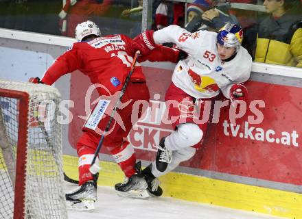 EBEL. Eishockey Bundesliga. KAC gegen  EC Red Bull Salzburg. Vallant Thomas (KAC), Leonhardt Danjo  (Salzburg). Klagenfurt, am 7.11.2021.
Foto: Kuess
www.qspictures.net

---
pressefotos, pressefotografie, kuess, qs, qspictures, sport, bild, bilder, bilddatenbank