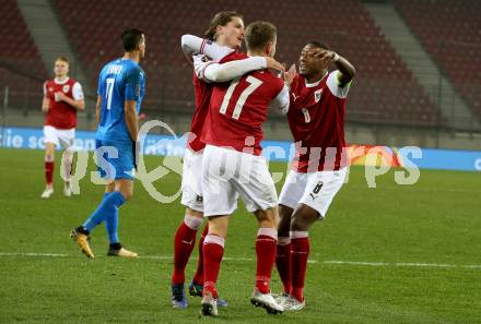 Fussball. FIFA. WM Qualifikationsspiel. European Qualifiers. Oesterreich gegen Israel.  Torjubel Marcel Sabitzer, Louis Schaub, David Alaba (Oesterreich). Klagenfurt, Woerthersee Stadion, 12.11.2021.
Foto: Kuess
---
pressefotos, pressefotografie, kuess, qs, qspictures, sport, bild, bilder, bilddatenbank