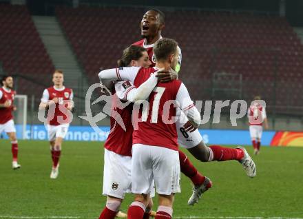 Fussball. FIFA. WM Qualifikationsspiel. European Qualifiers. Oesterreich gegen Israel.  Torjubel Marcel Sabitzer, Louis Schaub, David Alaba (Oesterreich). Klagenfurt, Woerthersee Stadion, 12.11.2021.
Foto: Kuess
---
pressefotos, pressefotografie, kuess, qs, qspictures, sport, bild, bilder, bilddatenbank