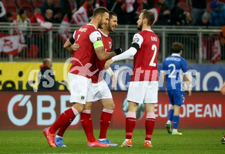 Fussball. FIFA. WM Qualifikationsspiel. European Qualifiers. Oesterreich gegen Moldawien.  Torjubel Marko Arnautovic, Aleksandar Dragovic, Andreas Ulmer (Oesterreich). Klagenfurt, Woerthersee Stadion, 15.11.2021.
Foto: Kuess
www.qspictures.net
---
pressefotos, pressefotografie, kuess, qs, qspictures, sport, bild, bilder, bilddatenbank