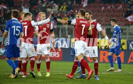 Fussball. FIFA. WM Qualifikationsspiel. European Qualifiers. Oesterreich gegen Moldawien.  Torjubel Louis Schaub, Marko Arnautovic, Aleksandar Dragovic (Oesterreich). Klagenfurt, Woerthersee Stadion, 15.11.2021.
Foto: Kuess
www.qspictures.net
---
pressefotos, pressefotografie, kuess, qs, qspictures, sport, bild, bilder, bilddatenbank