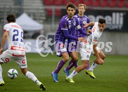 Fussball. Bundesliga. SK Austria Klagenfurt gegen  FK Austria Wien.   Thorsten Mahrer (Klagenfurt), Manfred Fischer (Wien). Klagenfurt, am 21.11.2021.
Foto: Kuess
www.qspictures.net
---
pressefotos, pressefotografie, kuess, qs, qspictures, sport, bild, bilder, bilddatenbank