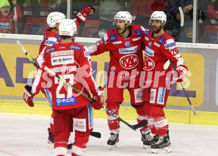 EBEL. Eishockey Bundesliga. KAC gegen	Tesla Orli Znojmo. Torjubel Manuel Ganahl, Martin Schumnig, Thomas Hundertpfund, Stefan Geier (KAC). Klagenfurt, am 21.11.2021.
Foto: Kuess
www.qspictures.net

---
pressefotos, pressefotografie, kuess, qs, qspictures, sport, bild, bilder, bilddatenbank