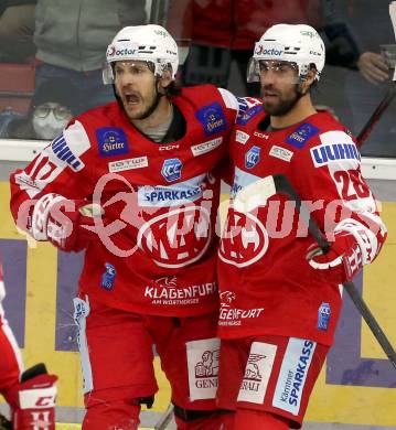 EBEL. Eishockey Bundesliga. KAC gegen	Tesla Orli Znojmo. Torjubel Manuel Ganahl, Martin Schumnig,  (KAC). Klagenfurt, am 21.11.2021.
Foto: Kuess
www.qspictures.net

---
pressefotos, pressefotografie, kuess, qs, qspictures, sport, bild, bilder, bilddatenbank