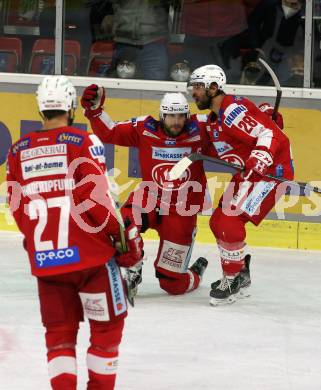 EBEL. Eishockey Bundesliga. KAC gegen	Tesla Orli Znojmo. Torjubel Thomas Hundertpfund, Manuel Ganahl, Martin Schumnig (KAC). Klagenfurt, am 21.11.2021.
Foto: Kuess
www.qspictures.net

---
pressefotos, pressefotografie, kuess, qs, qspictures, sport, bild, bilder, bilddatenbank